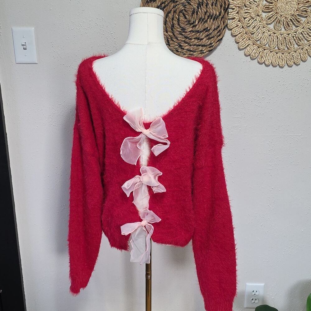 Papermoon Red Eyelash Off-Shoulder Sweater Pink Bows Cardigan Pullover Women L